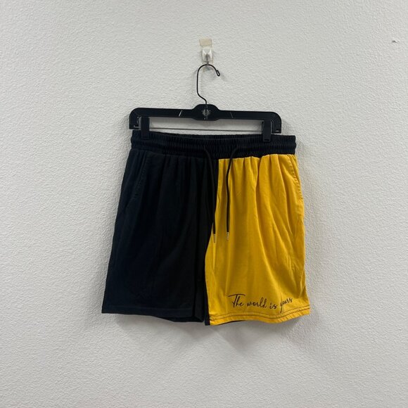 Two-Tone Black & Yellow Shein Shorts With "The World Is Yours" Text Elastic Wais - Picture 1 of 6